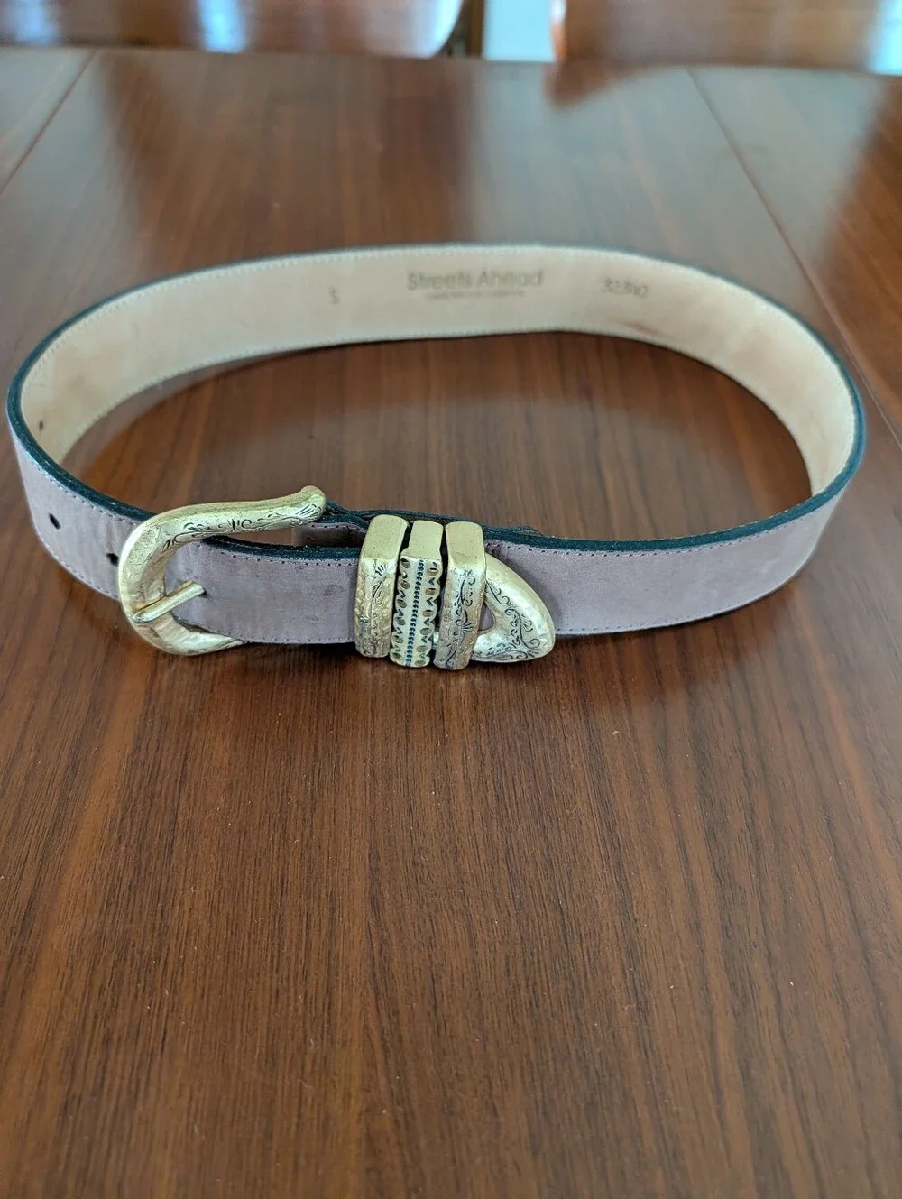 Vintage Streets Ahead Brown Leather Brass Belt Size Small 32340 Santa Monica CA